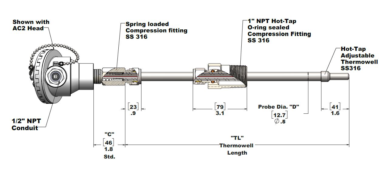 R56 Series with Hot-Tap Thermowell - Spring Loaded RTD Assembly Details